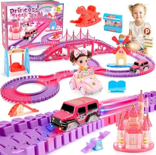 WethCorp RC Car Track Finder Princess Toy Set 258PCS for Girls Ages 3-8 with Doll and Electric Car